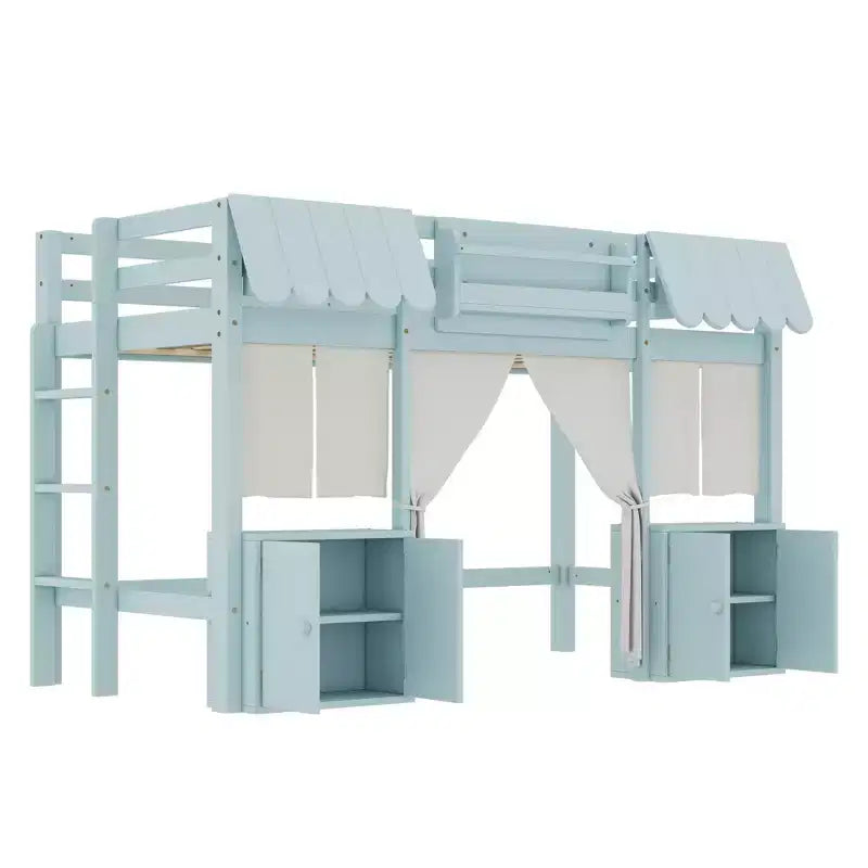 Lettino a soppalco Montessori Bellemave con libreria, tenda, mensola portaoggetti e sponda, design divertente e giocoso per bambini