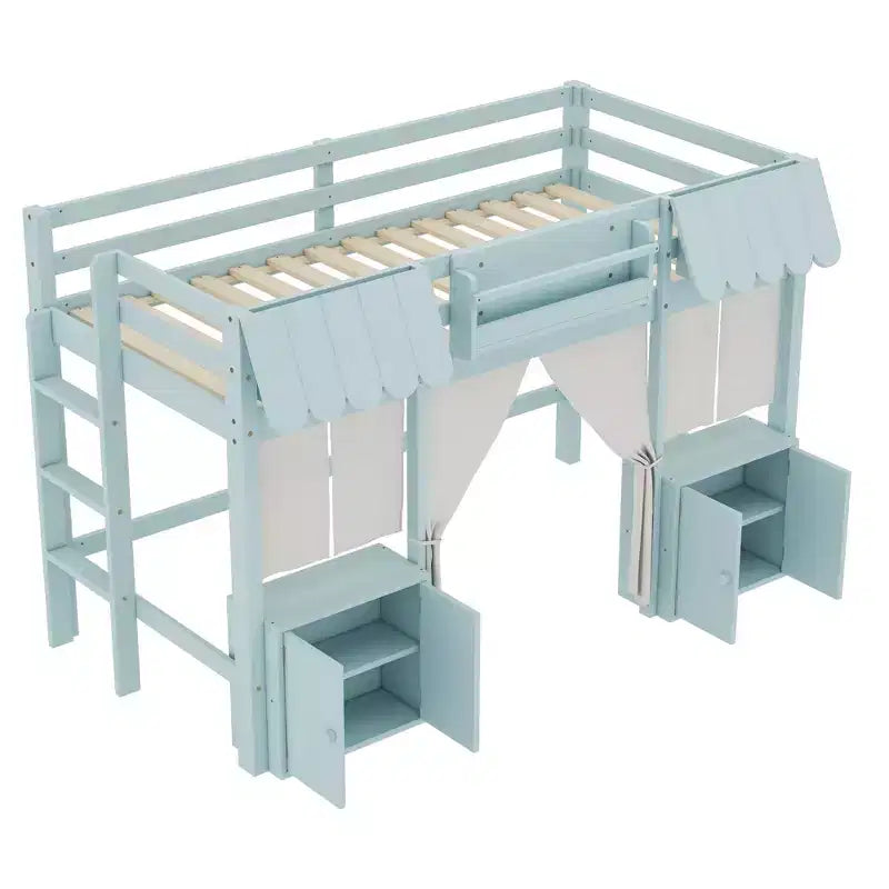 Lettino a soppalco Montessori Bellemave con libreria, tenda, mensola portaoggetti e sponda, design divertente e giocoso per bambini