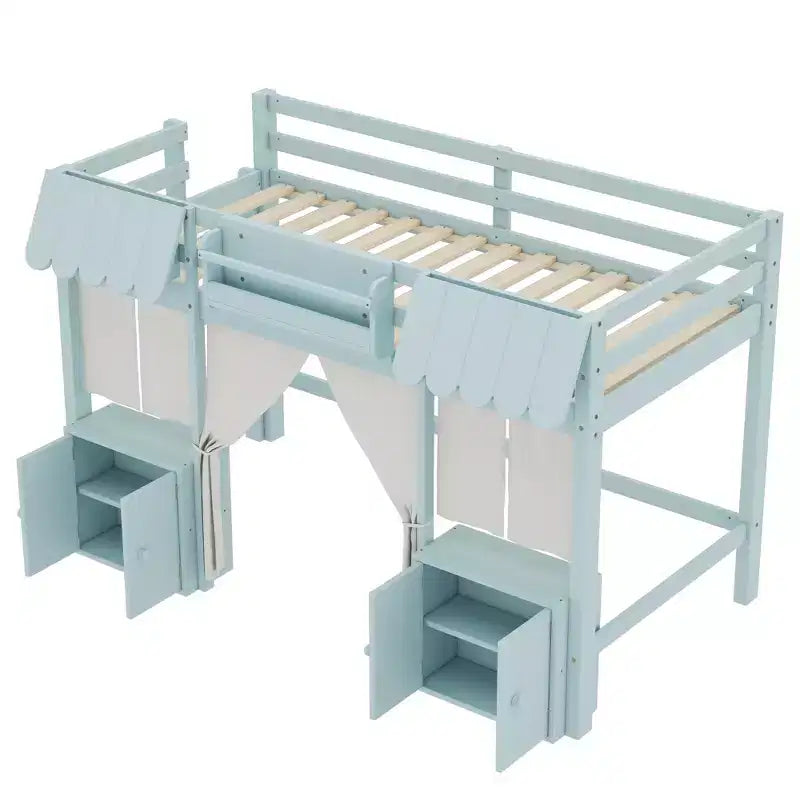 Lettino a soppalco Montessori Bellemave con libreria, tenda, mensola portaoggetti e sponda, design divertente e giocoso per bambini