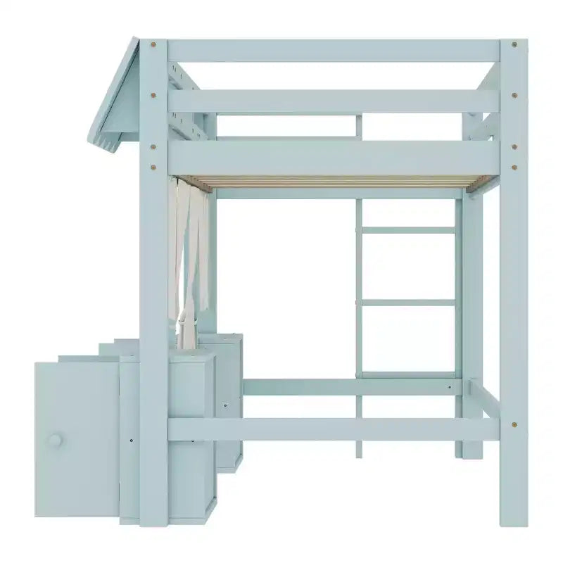Lettino a soppalco Montessori Bellemave con libreria, tenda, mensola portaoggetti e sponda, design divertente e giocoso per bambini