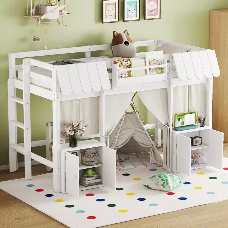 Lettino a soppalco Montessori Bellemave con libreria, tenda, mensola portaoggetti e sponda, design divertente e giocoso per bambini
