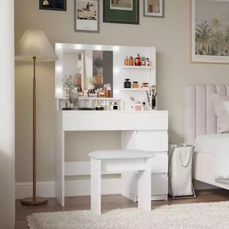 Okak Tavolino da Trucco con 3 Modalità di Specchio Grande, Scrivania da Toeletta con Presa di Corrente e Sgabello, Mobile da Trucco con Sedia per Soggiorno, Camera da Letto, Bianco