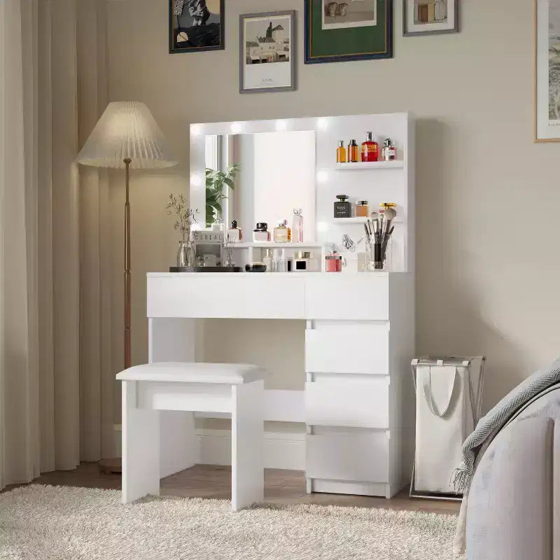 Okak Tavolino da Trucco con 3 Modalità di Specchio Grande, Scrivania da Toeletta con Presa di Corrente e Sgabello, Mobile da Trucco con Sedia per Soggiorno, Camera da Letto, Bianco