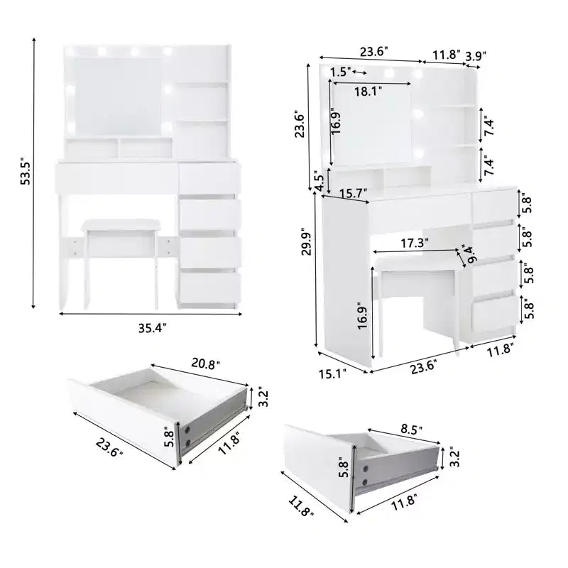 Okak Tavolino da Trucco con 3 Modalità di Specchio Grande, Scrivania da Toeletta con Presa di Corrente e Sgabello, Mobile da Trucco con Sedia per Soggiorno, Camera da Letto, Bianco