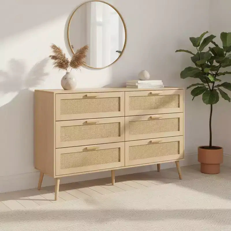 Homy Casa 6-Drawer Dresser with Rattan Fronts for Bedroom, Living Room or Entryway Storage, Natural Wood