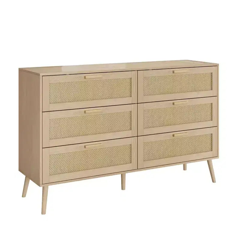 Cassettiera Homy Casa a 6 cassetti con frontali in rattan per camera da letto, soggiorno o ingresso, Legno naturale