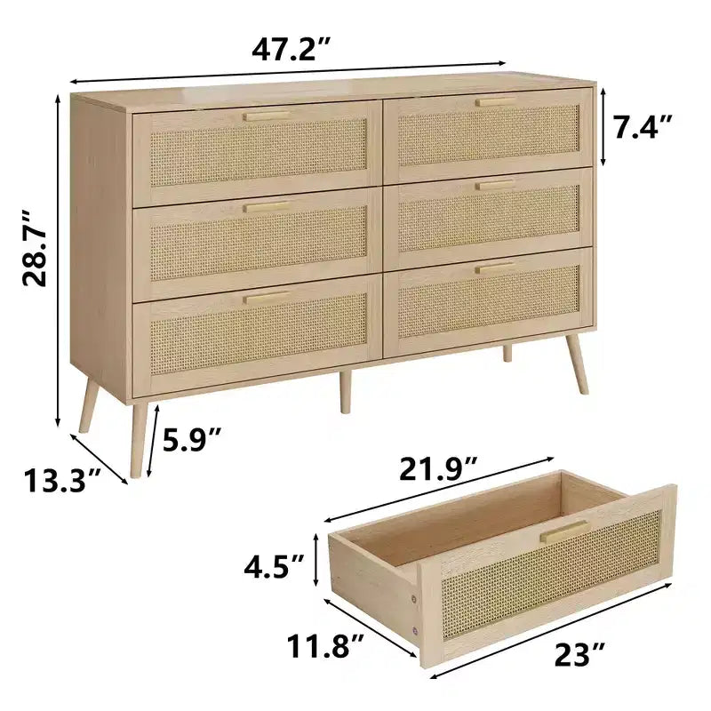 Cassettiera Homy Casa a 6 cassetti con frontali in rattan per camera da letto, soggiorno o ingresso, Legno naturale