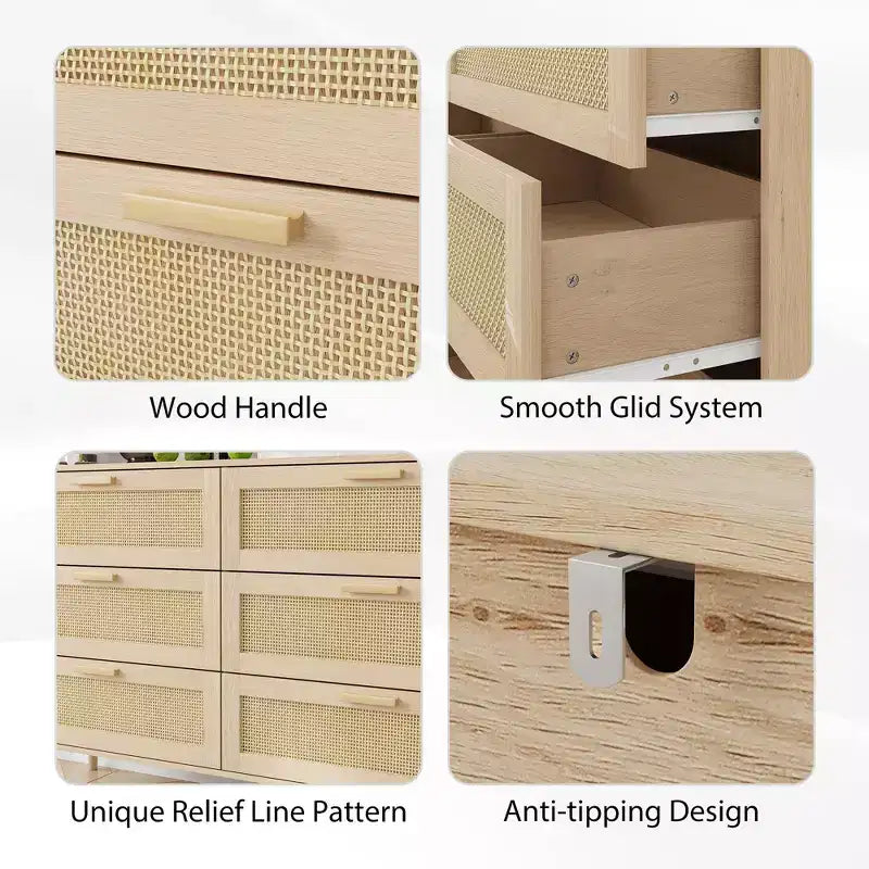 Cassettiera Homy Casa a 6 cassetti con frontali in rattan per camera da letto, soggiorno o ingresso, Legno naturale