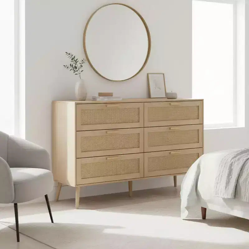 Cassettiera Homy Casa a 6 cassetti con frontali in rattan per camera da letto, soggiorno o ingresso, Legno naturale