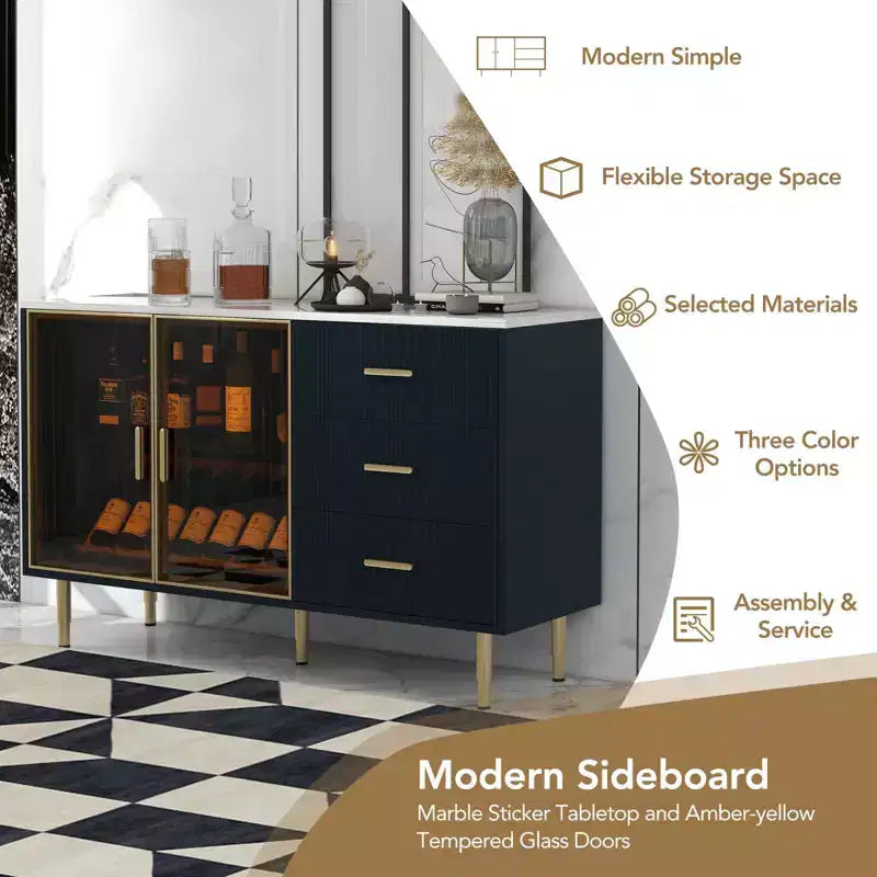 Tavolo da buffet moderno in legno con piano in finto marmo e ante in vetro temperato con gambe e maniglie in metallo dorato (blu navy)
