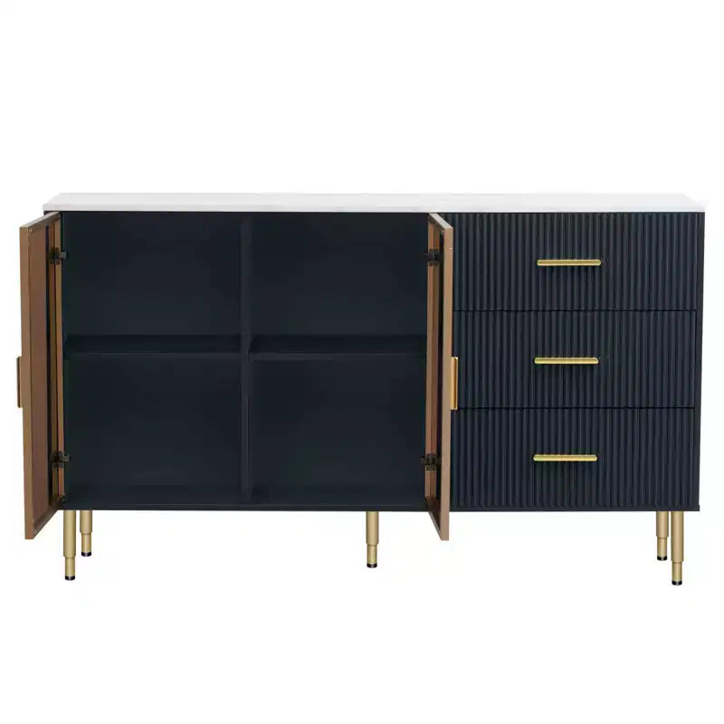 Tavolo da buffet moderno in legno con piano in finto marmo e ante in vetro temperato con gambe e maniglie in metallo dorato (blu navy)