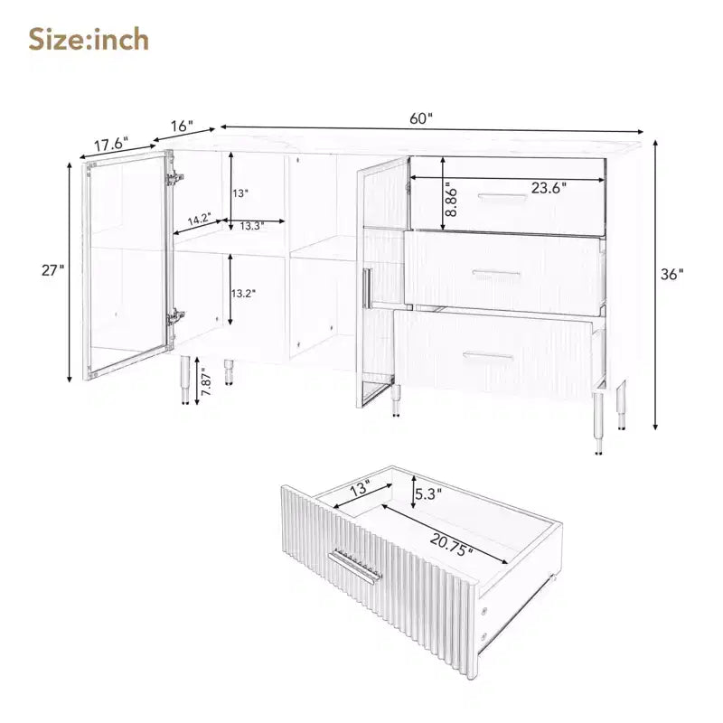 Tavolo da buffet moderno in legno con piano in finto marmo e ante in vetro temperato con gambe e maniglie in metallo dorato (blu navy)