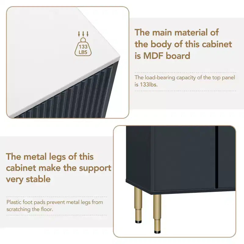 Tavolo da buffet moderno in legno con piano in finto marmo e ante in vetro temperato con gambe e maniglie in metallo dorato (blu navy)