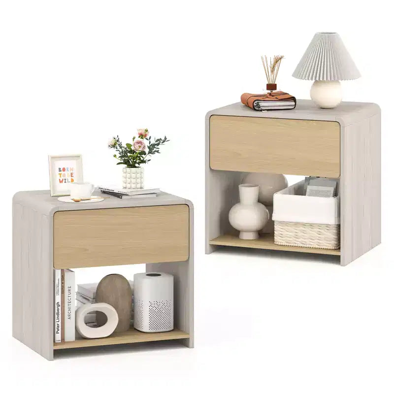 Costway 2 PCS Modern Style Nightstand 2-Tier Sofa Side Bedside Table w/ Drawer & Open Shelf