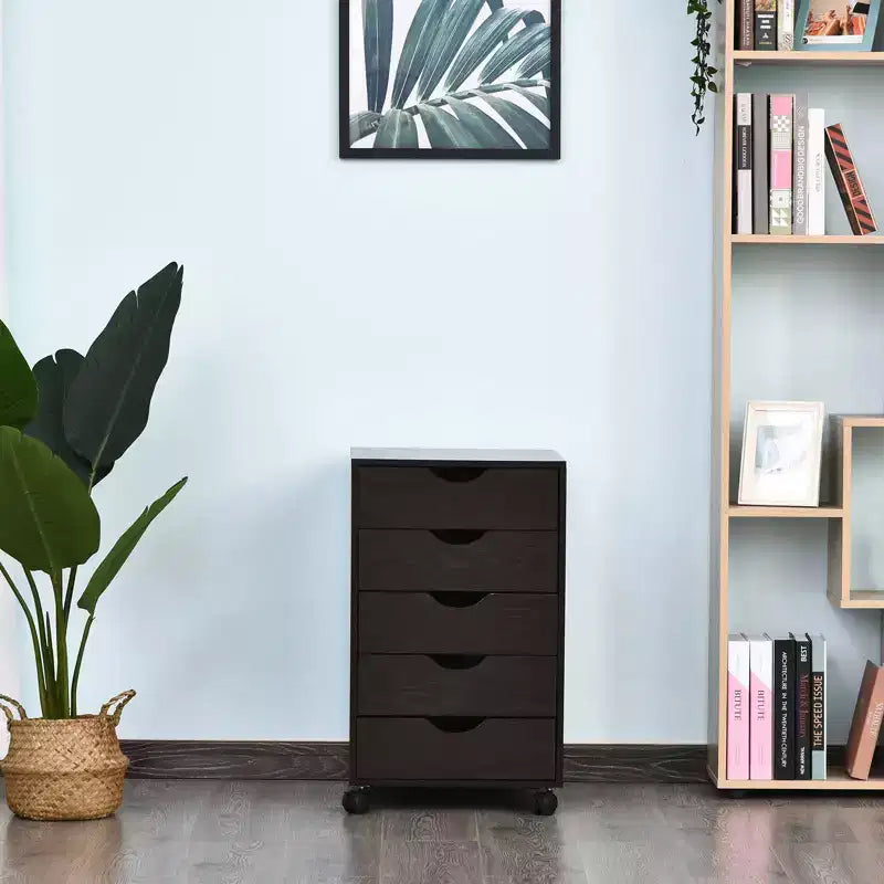 Armadietto schedario con 5 cassetti, mobile contenitore con stile moderno minimalista nordico e ruote