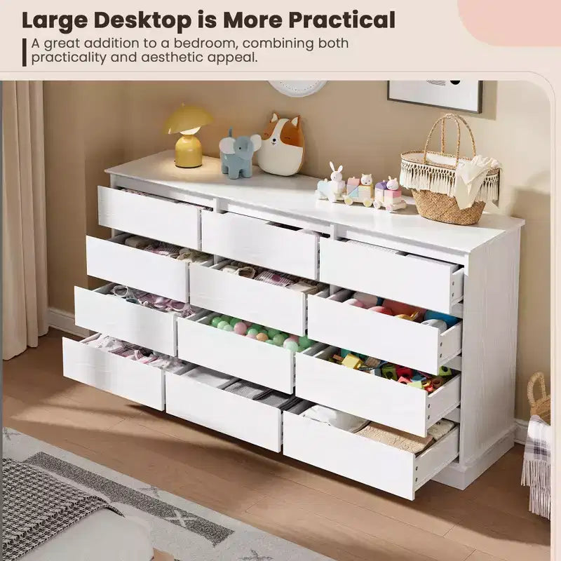 Comò a 12 cassetti per camera da letto, cassettiera con cassetti profondi, comò grande doppio per armadio con ripiano ampio, comò orizzontale in legno