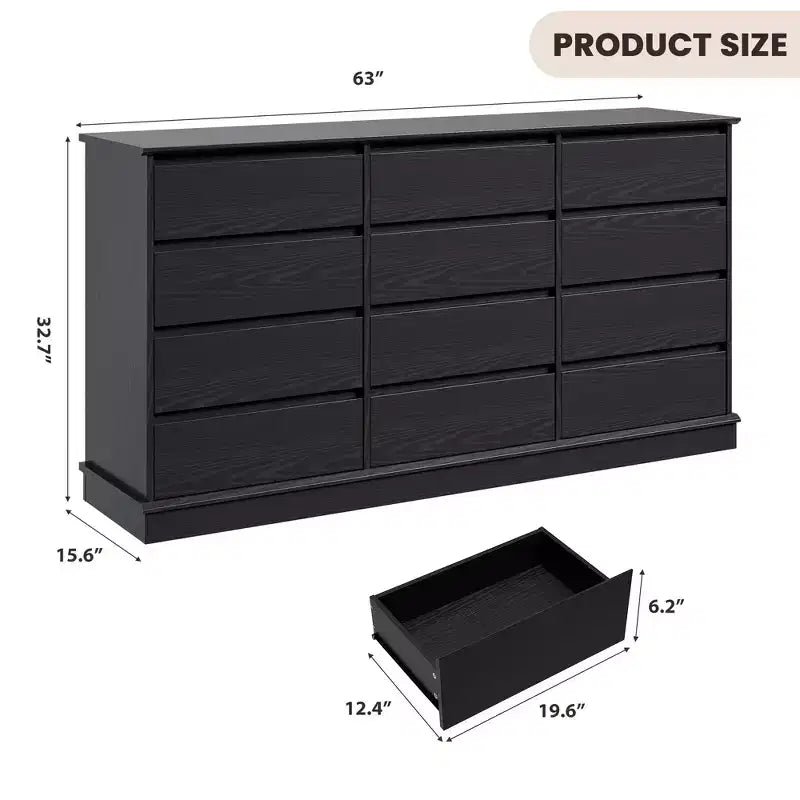 Comò a 12 cassetti per camera da letto, cassettiera con cassetti profondi, comò grande doppio per armadio con ripiano ampio, comò orizzontale in legno