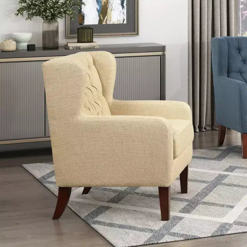 Poltrona TUYOHW Wingback, poltrona imbottita con schienale trapuntato a bottoni, cuscino a molle insacchettate, gambe in legno massello, sedia lounge per soggiorno, camera da letto