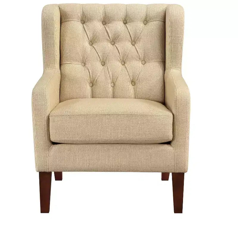 Poltrona TUYOHW Wingback, poltrona imbottita con schienale trapuntato a bottoni, cuscino a molle insacchettate, gambe in legno massello, sedia lounge per soggiorno, camera da letto