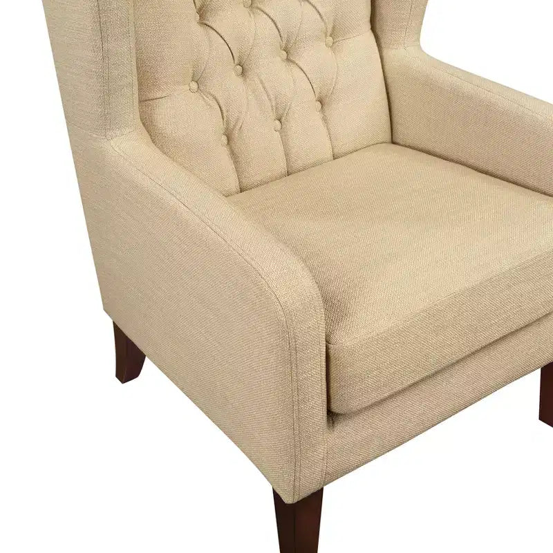 Poltrona TUYOHW Wingback, poltrona imbottita con schienale trapuntato a bottoni, cuscino a molle insacchettate, gambe in legno massello, sedia lounge per soggiorno, camera da letto