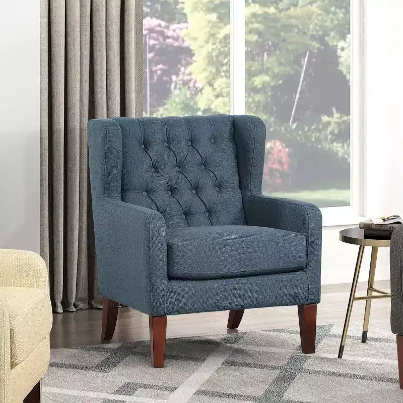 Poltrona TUYOHW Wingback, poltrona imbottita con schienale trapuntato a bottoni, cuscino a molle insacchettate, gambe in legno massello, sedia lounge per soggiorno, camera da letto