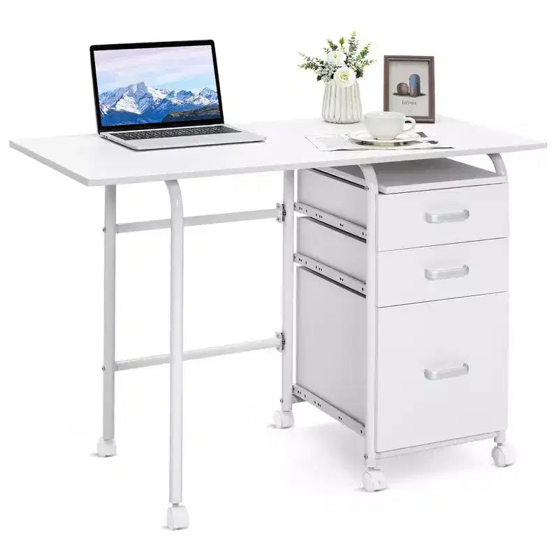 Costway Folding Computer Laptop Desk Wheeled Home Office Furniture w/3 Drawers White