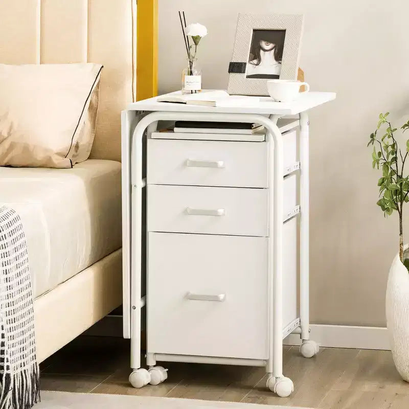 Scrivania pieghevole Costway per computer portatile, mobile da ufficio con ruote e 3 cassetti, colore bianco