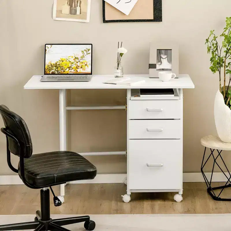 Scrivania pieghevole Costway per computer portatile, mobile da ufficio con ruote e 3 cassetti, colore bianco