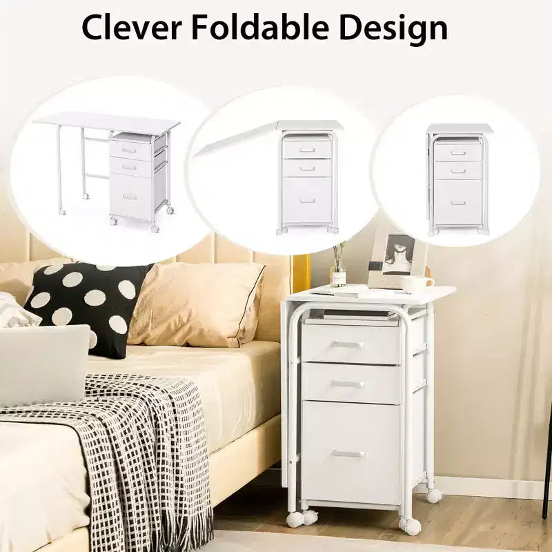 Scrivania pieghevole Costway per computer portatile, mobile da ufficio con ruote e 3 cassetti, colore bianco