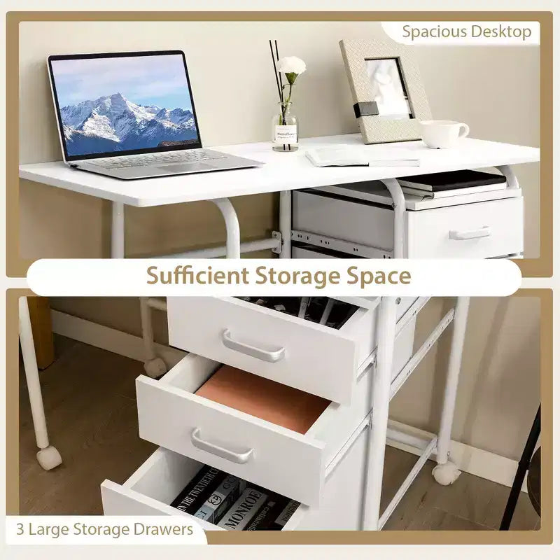 Scrivania pieghevole Costway per computer portatile, mobile da ufficio con ruote e 3 cassetti, colore bianco