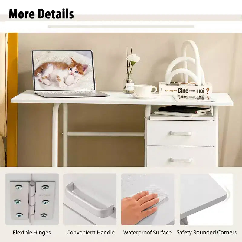 Scrivania pieghevole Costway per computer portatile, mobile da ufficio con ruote e 3 cassetti, colore bianco