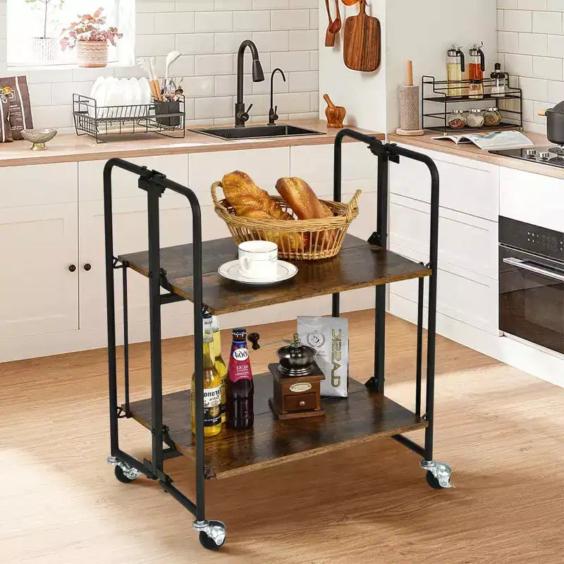Costway Carrello da Bar Pieghevole a 2 Livelli per Cucina Isola Servizio Carrello Utilità Mensole Contenitore
