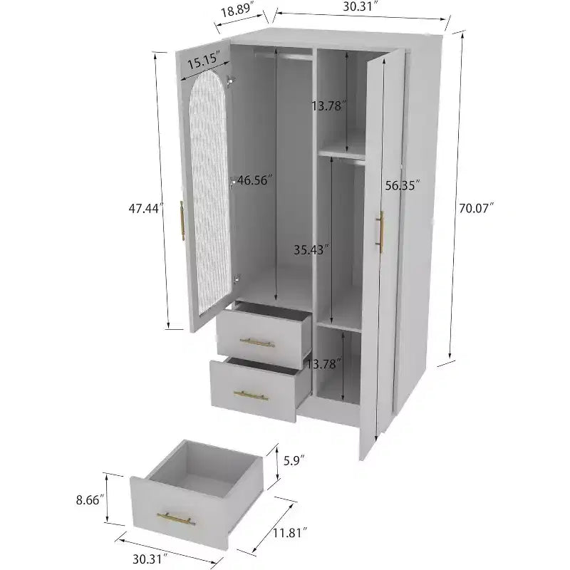 Armadio alto da 70 pollici con 2 ante e 2 cassetti, armadio contenitore moderno da terra con anta in vetro scanalato, aste appendiabiti e ripiano regolabile, bianco