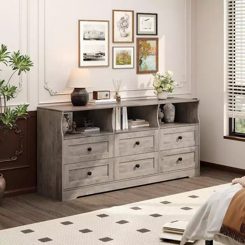 Comò stretto a 6 cassetti con ripiano aperto, cassettiera stretta salvaspazio per cameretta, appartamento, armadio, finitura organizer moderno, facile montaggio