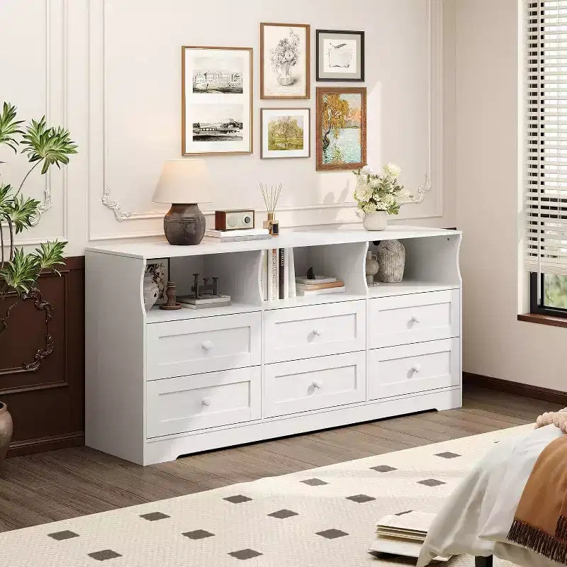 Comò stretto a 6 cassetti con ripiano aperto, cassettiera stretta salvaspazio per cameretta, appartamento, armadio, finitura organizer moderno, facile montaggio