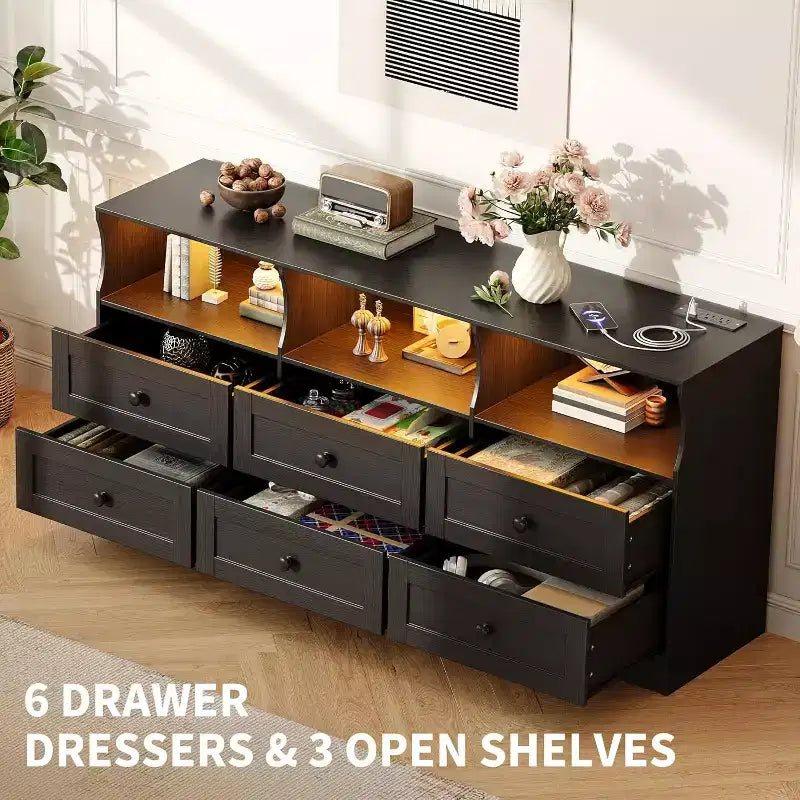 Comò stretto a 6 cassetti con ripiano aperto, cassettiera stretta salvaspazio per cameretta, appartamento, armadio, finitura organizer moderno, facile montaggio