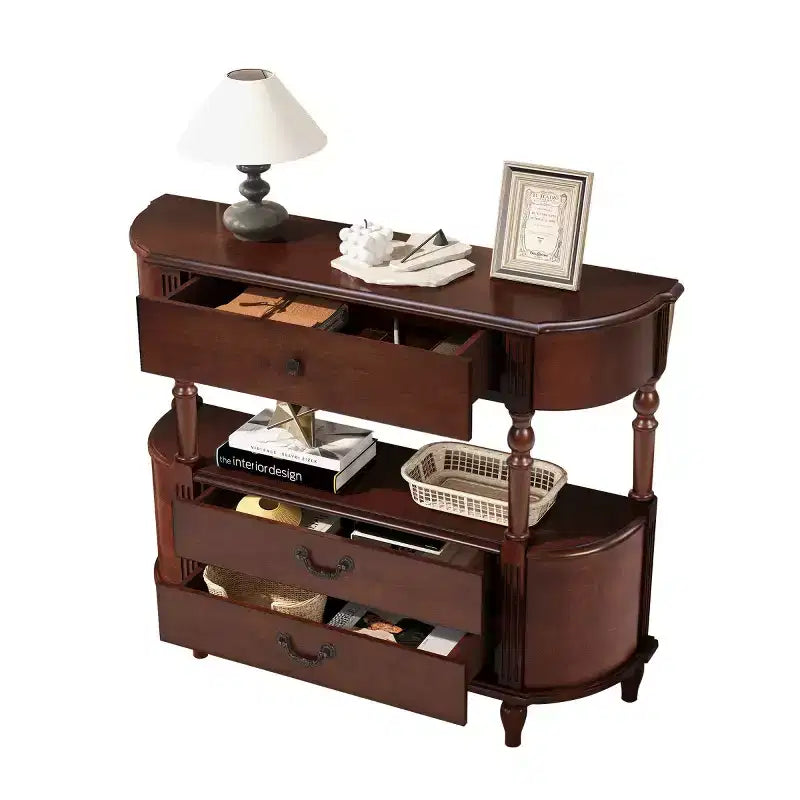 Tavolino da Consolle Curvo Retrò 43 con Cassetti, Tavolino da Divano con Gambe in Legno Massello Dietro il Divano, Tavolino d'Ingresso o da Corridoio con Ripiano Contenitore-Panipeachy