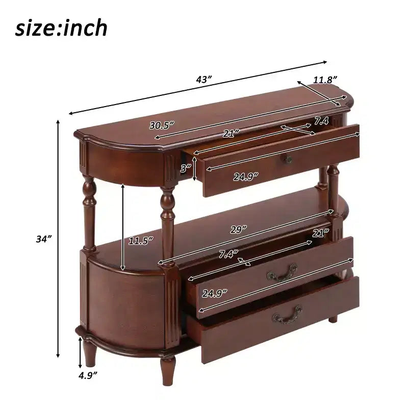 Tavolino da Consolle Curvo Retrò 43 con Cassetti, Tavolino da Divano con Gambe in Legno Massello Dietro il Divano, Tavolino d'Ingresso o da Corridoio con Ripiano Contenitore-Panipeachy