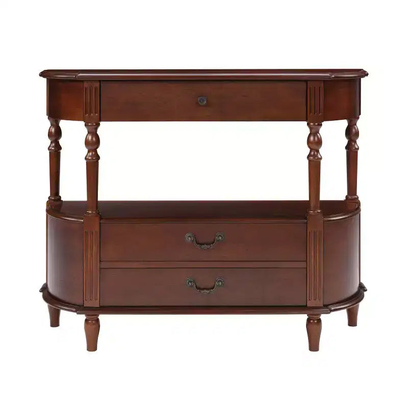 Tavolino da Consolle Curvo Retrò 43 con Cassetti, Tavolino da Divano con Gambe in Legno Massello Dietro il Divano, Tavolino d'Ingresso o da Corridoio con Ripiano Contenitore-Panipeachy