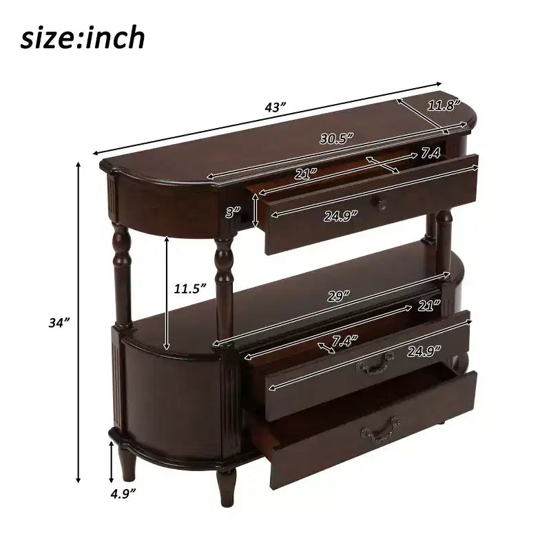 Tavolino da Consolle Curvo Retrò 43 con Cassetti, Tavolino da Divano con Gambe in Legno Massello Dietro il Divano, Tavolino d'Ingresso o da Corridoio con Ripiano Contenitore-Panipeachy