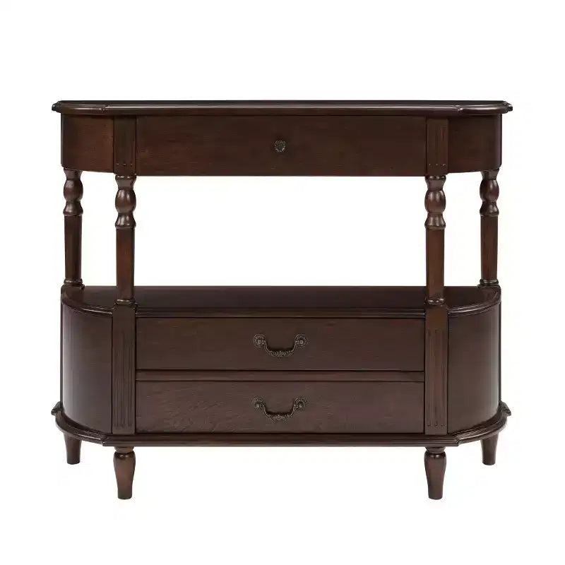 Tavolino da Consolle Curvo Retrò 43 con Cassetti, Tavolino da Divano con Gambe in Legno Massello Dietro il Divano, Tavolino d'Ingresso o da Corridoio con Ripiano Contenitore-Panipeachy