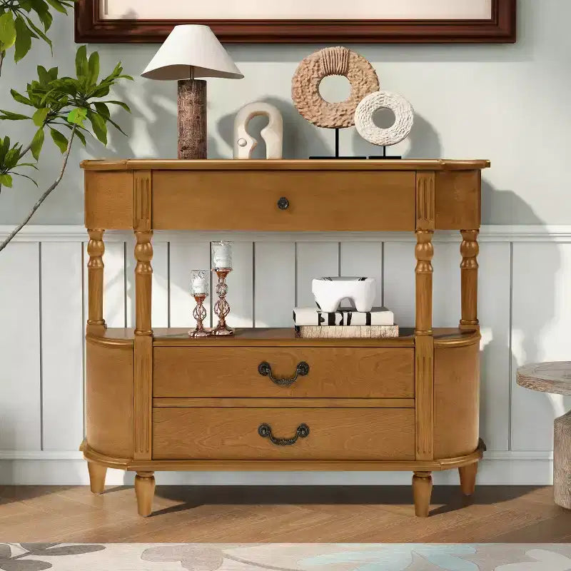 Tavolino da Consolle Curvo Retrò 43 con Cassetti, Tavolino da Divano con Gambe in Legno Massello Dietro il Divano, Tavolino d'Ingresso o da Corridoio con Ripiano Contenitore-Panipeachy