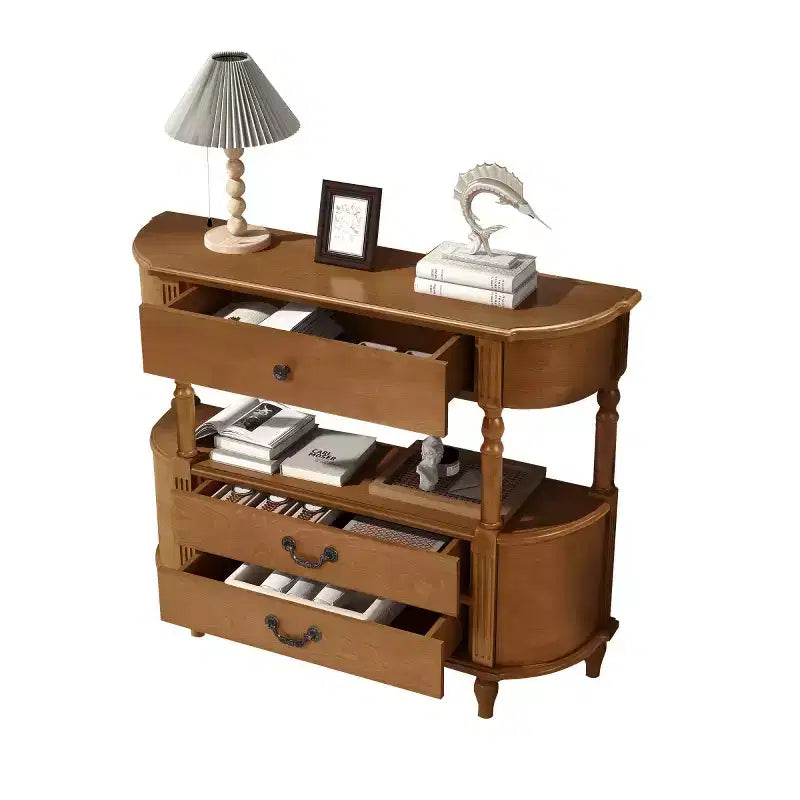 Tavolino da Consolle Curvo Retrò 43 con Cassetti, Tavolino da Divano con Gambe in Legno Massello Dietro il Divano, Tavolino d'Ingresso o da Corridoio con Ripiano Contenitore-Panipeachy