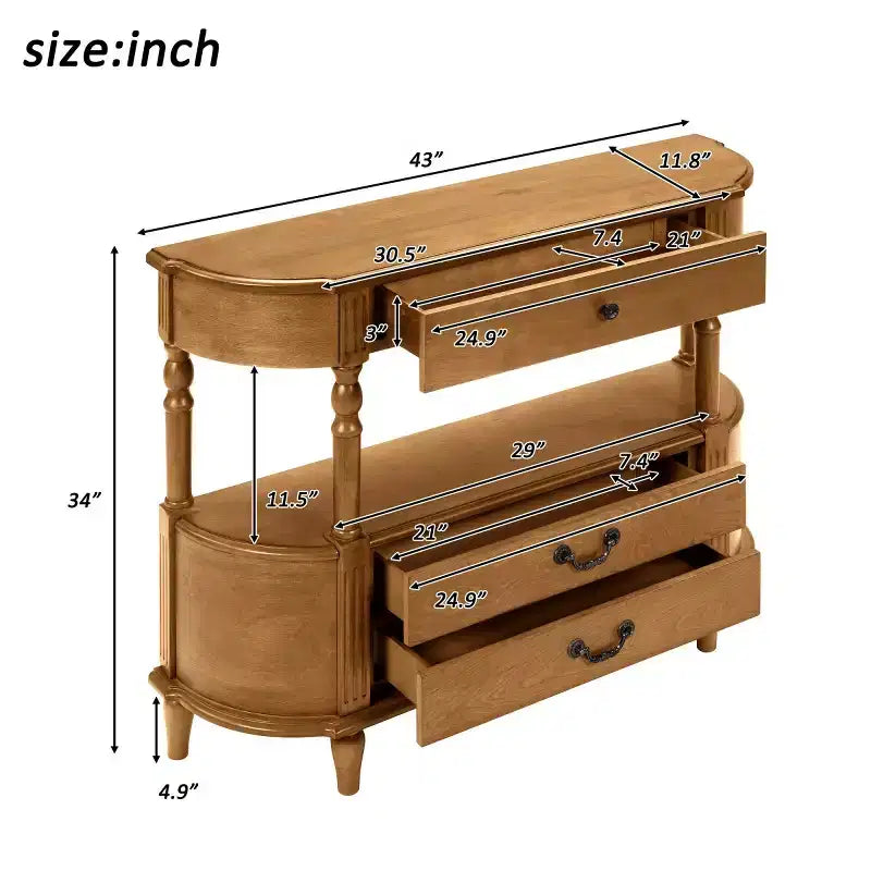 Tavolino da Consolle Curvo Retrò 43 con Cassetti, Tavolino da Divano con Gambe in Legno Massello Dietro il Divano, Tavolino d'Ingresso o da Corridoio con Ripiano Contenitore-Panipeachy