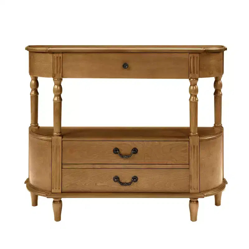 Tavolino da Consolle Curvo Retrò 43 con Cassetti, Tavolino da Divano con Gambe in Legno Massello Dietro il Divano, Tavolino d'Ingresso o da Corridoio con Ripiano Contenitore-Panipeachy