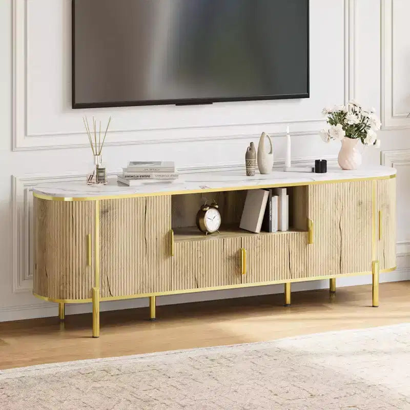 Mobile TV da 70 pollici con piano effetto marmo, mobile consolle multimediale di lusso con ripiani regolabili, ante scorrevoli a profilo curvo