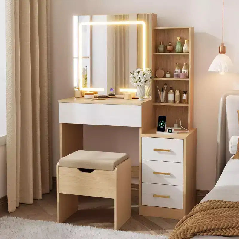 Toeletta con specchio scorrevole e luci, tavolo da trucco con sgabello e stazione di ricarica, 3 modalità di illuminazione per la camera da letto