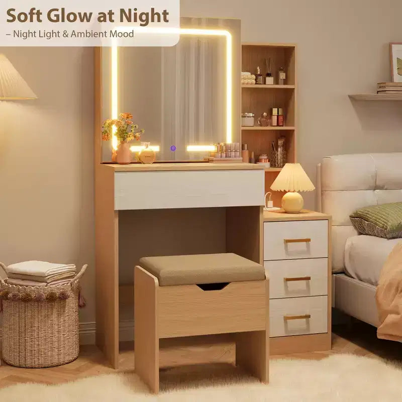 Toeletta con specchio scorrevole e luci, tavolo da trucco con sgabello e stazione di ricarica, 3 modalità di illuminazione per la camera da letto