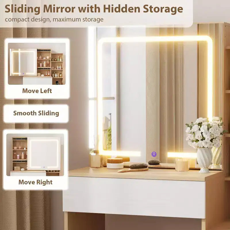 Toeletta con specchio scorrevole e luci, tavolo da trucco con sgabello e stazione di ricarica, 3 modalità di illuminazione per la camera da letto