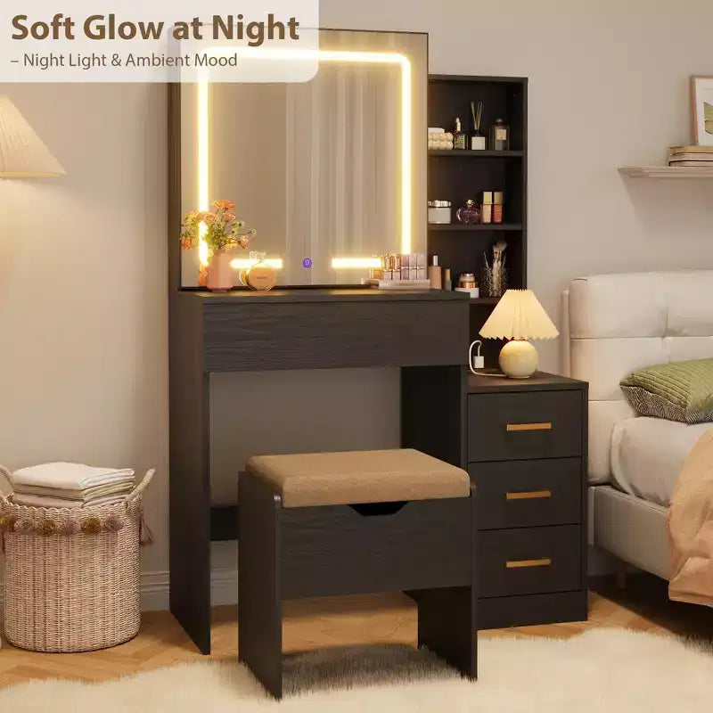 Toeletta con specchio scorrevole e luci, tavolo da trucco con sgabello e stazione di ricarica, 3 modalità di illuminazione per la camera da letto
